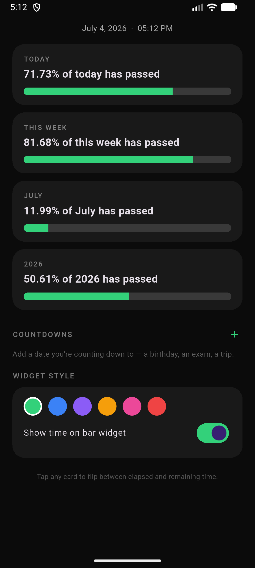 World Progress app: live progress bars for today, this week, July, and the year