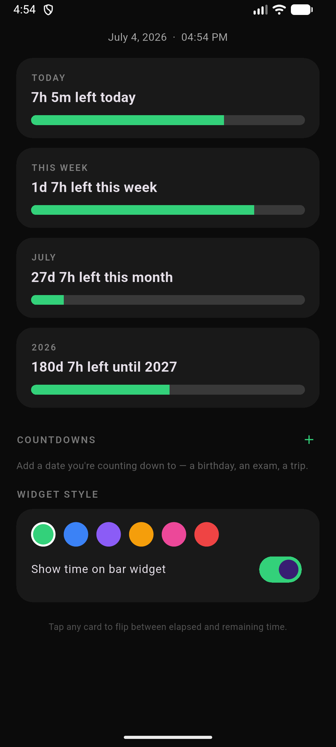 World Progress app flipped into countdown mode, showing remaining time